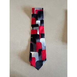 Halberstadt’s Vintage Geometric Tie Red Black Silver  Bold Retro Pattern